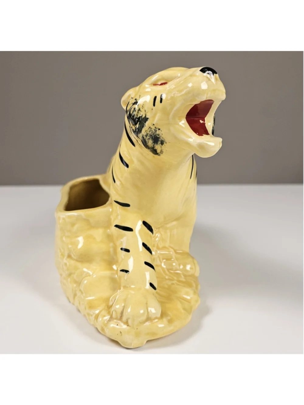 Vintage MCM Yellow Ceramic Tiger Planter Figurine 1950s TV Top Caddy Retro Gloss